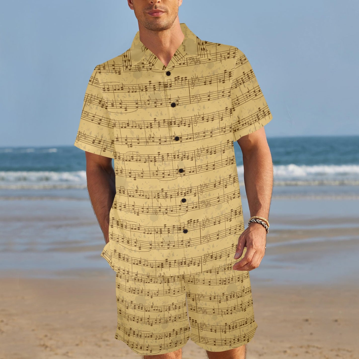 Music Note Vintage Themed Print Men's Beach Shirt and Shorts Set