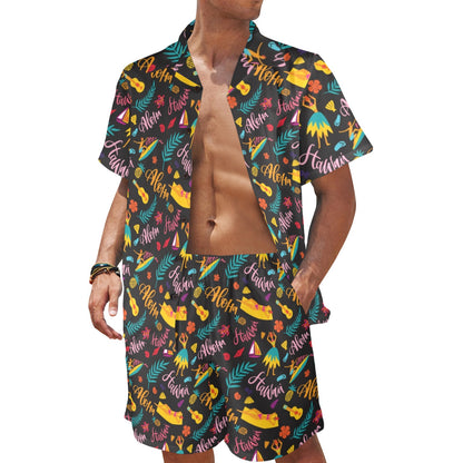 Aloha Hawaii Summer Design Themed Print Men's Beach Shirt and Shorts Set