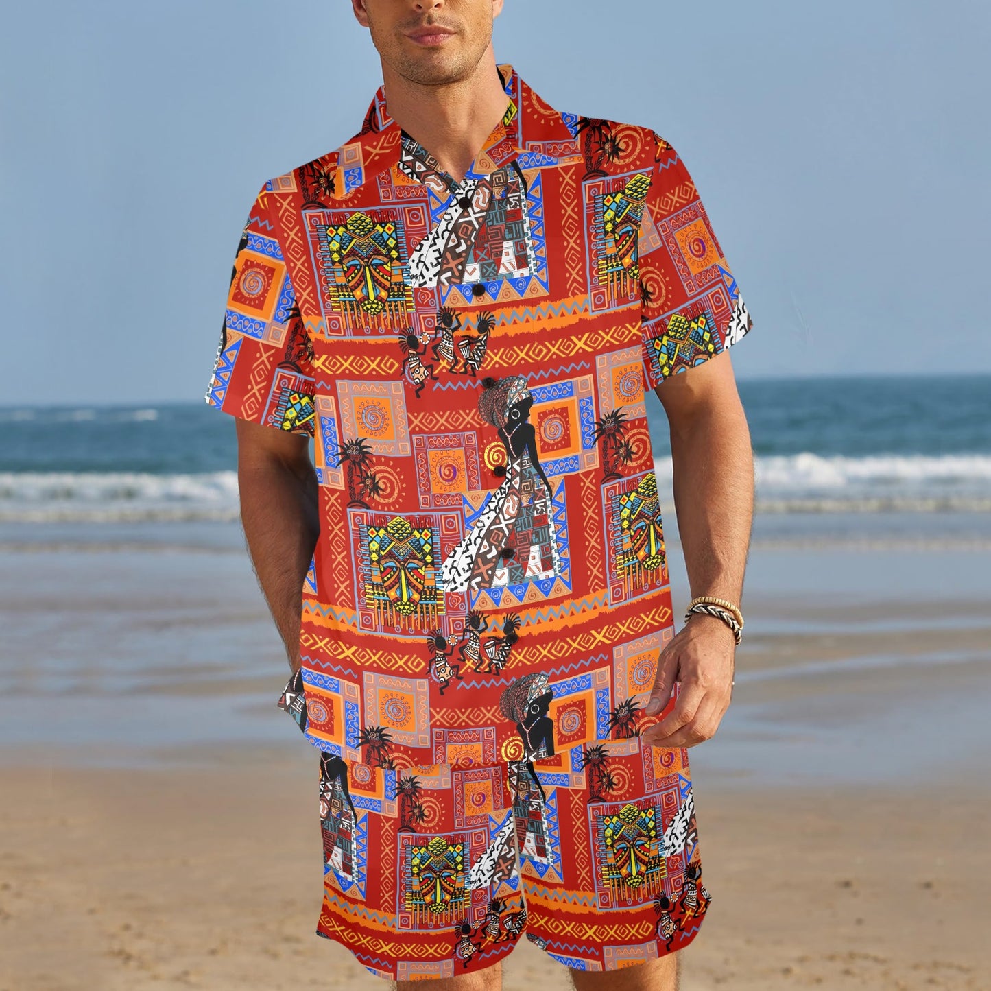 African Print Pattern Men's Beach Shirt and Shorts Set
