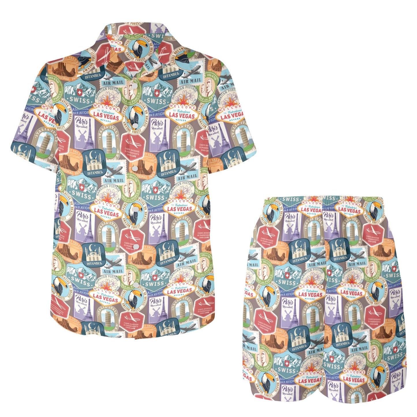 Travel Stamp Print Design LKS301 Men's Beach Shirt and Shorts Set