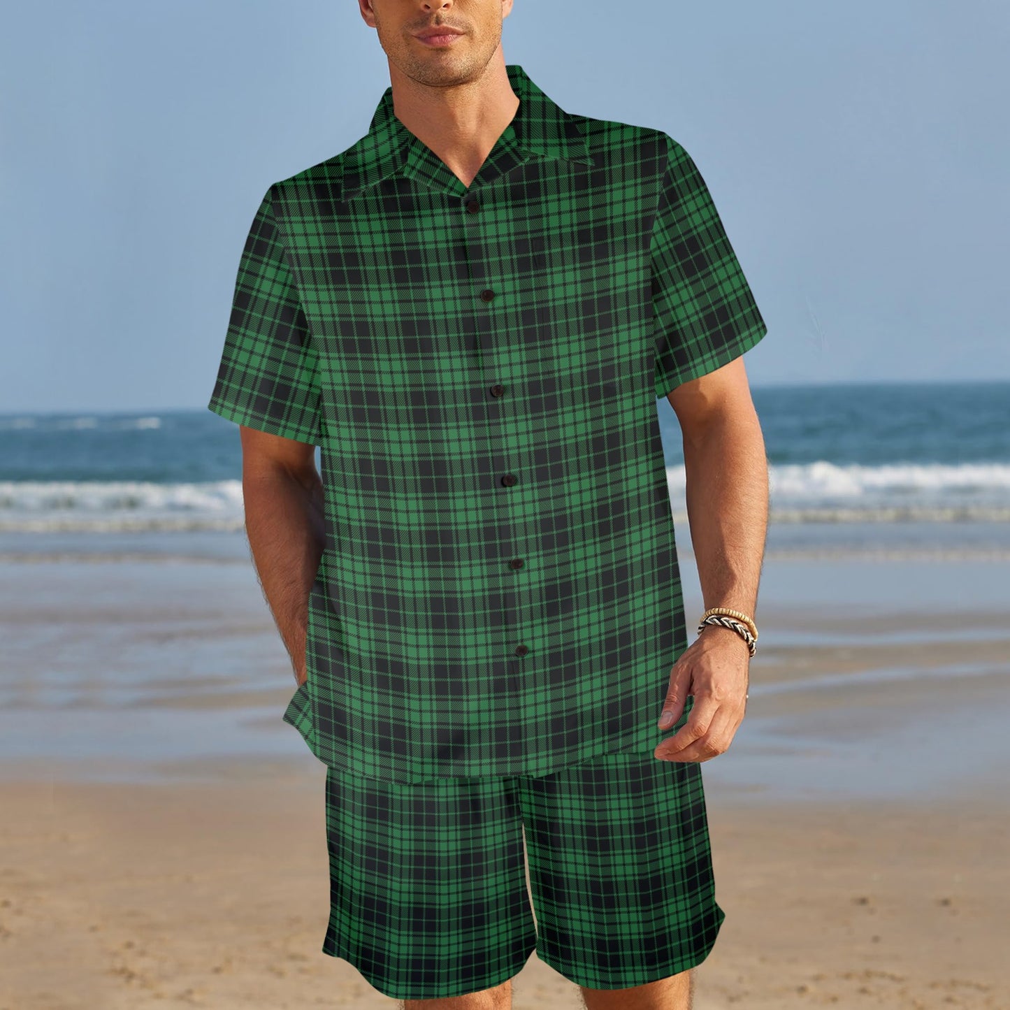 Green Tartan Plaid Pattern Men's Beach Shirt and Shorts Set