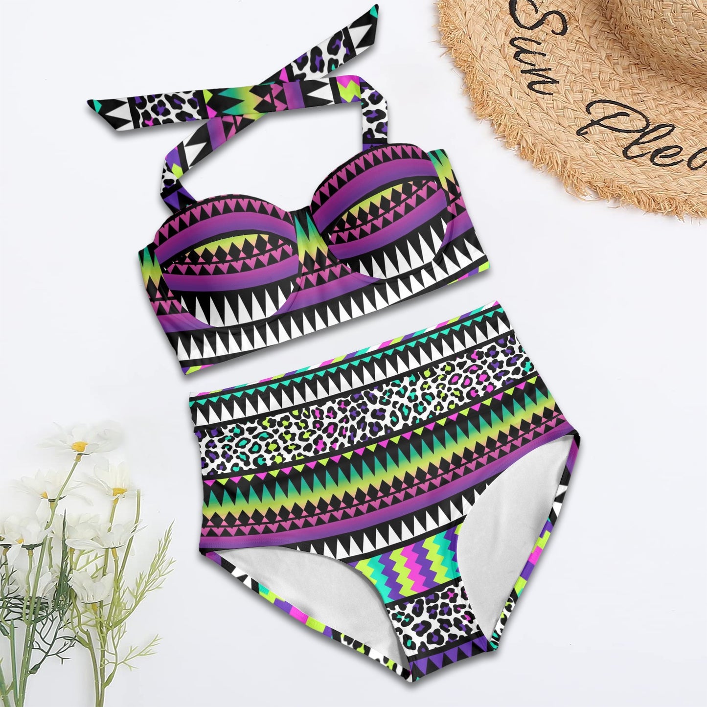 Animal Skin Aztec Rainbow Halter Neck Bikini Swimsuit