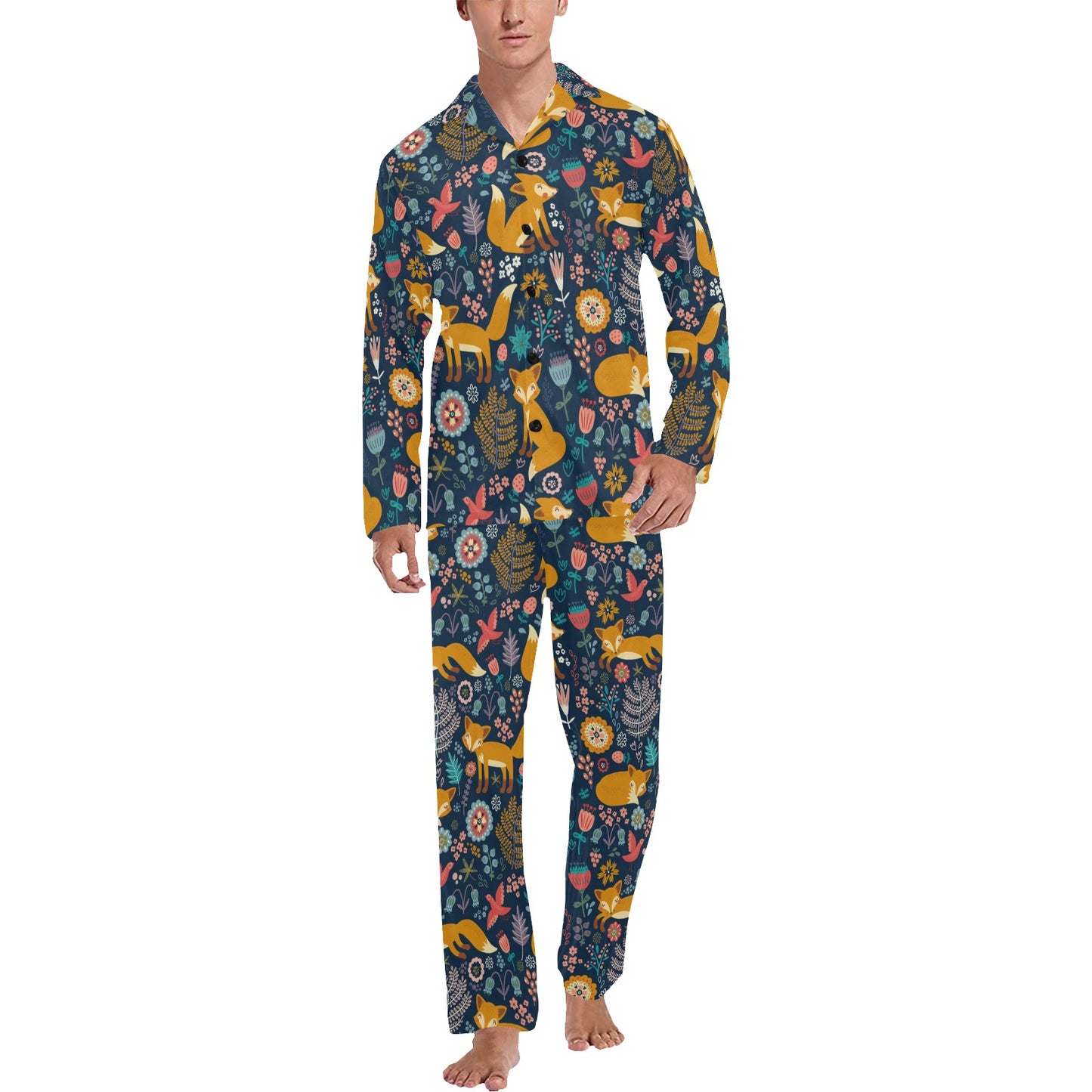 Fox Cute Jungle Print Pattern Men's Long Pajama Set