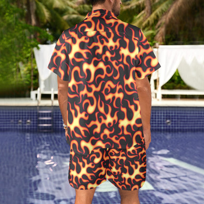 Flame Fire Themed Print Men's Beach Shirt and Shorts Set