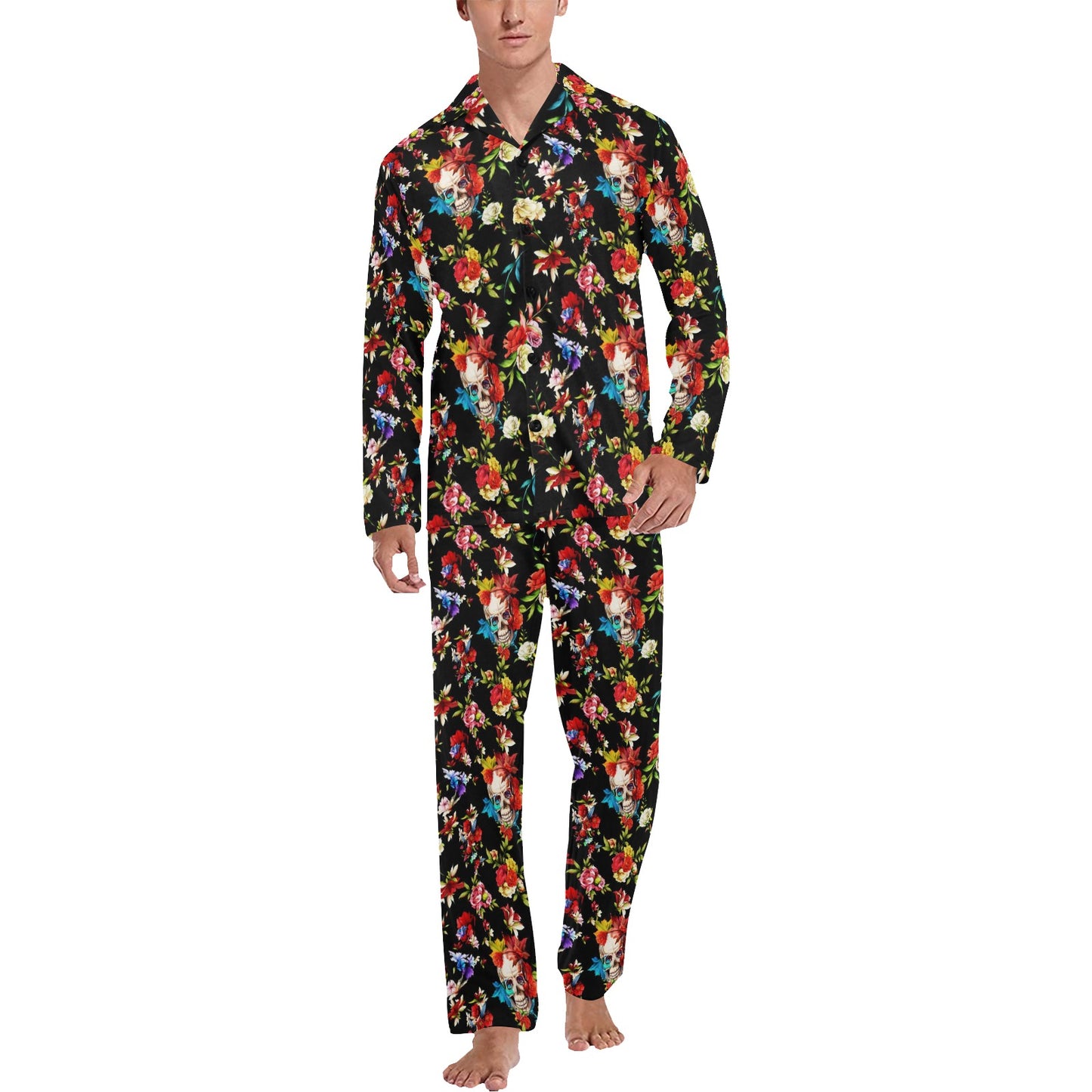 Skull Roses Flower Design Themed Print Men's Long Pajama Set