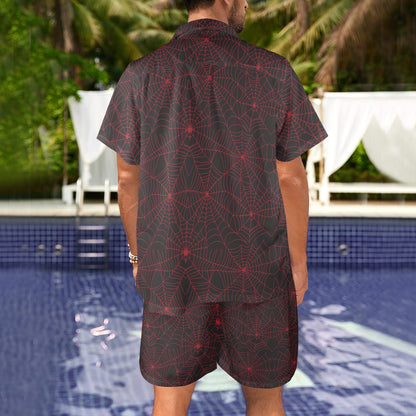 Spider Web Red Print Design LKS302 Men's Beach Shirt and Shorts Set