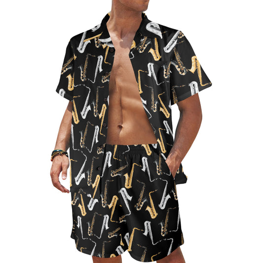 Saxophone Pattern Print Design 01 Men's Beach Shirt and Shorts Set