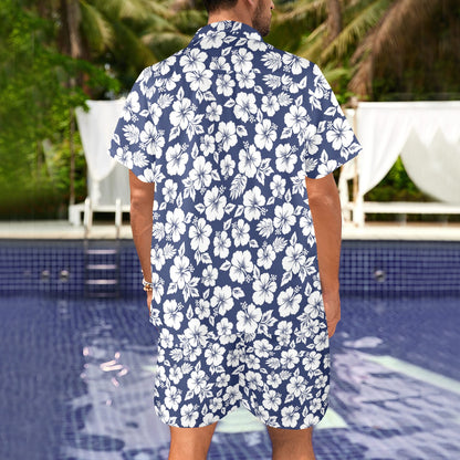 Hibiscus Blue Hawaiian Flower Style Men's Beach Shirt and Shorts Set