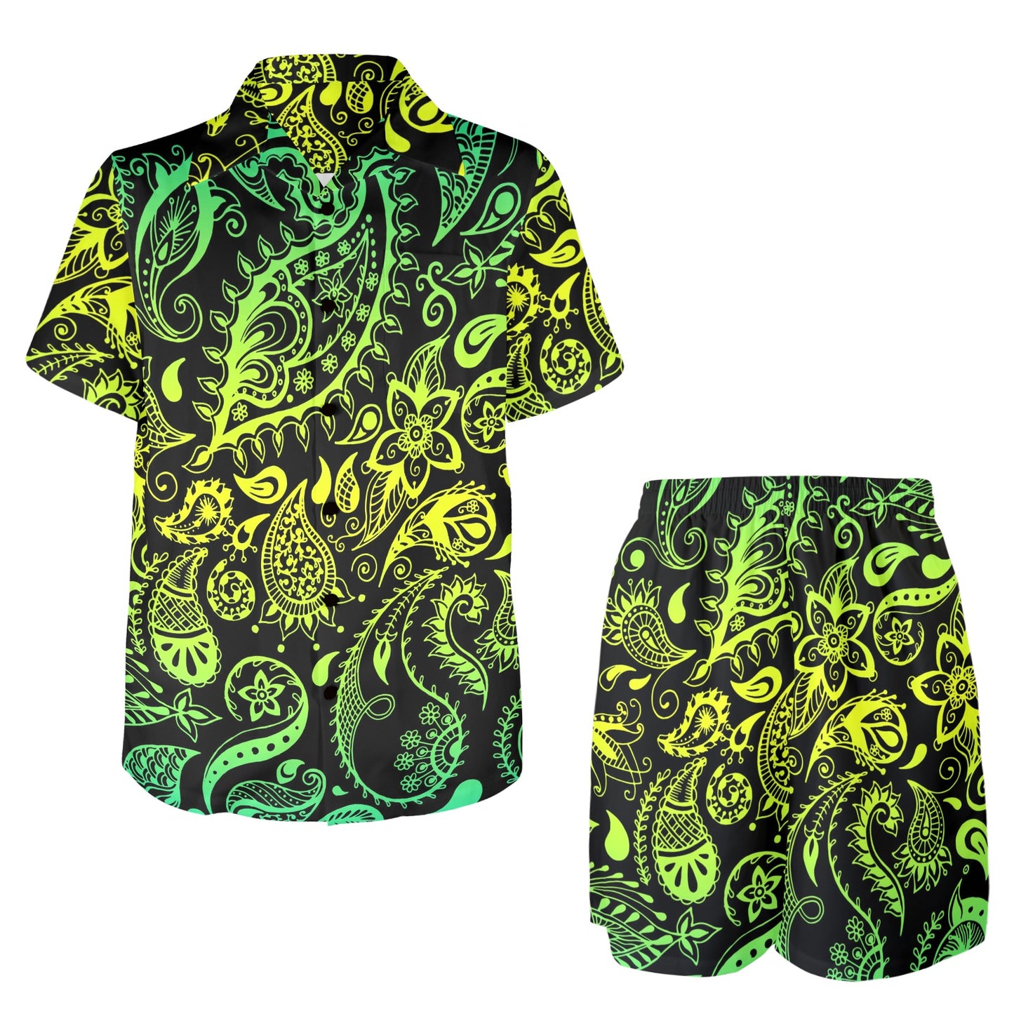 Paisley Green Design Print Men's Beach Shirt and Shorts Set
