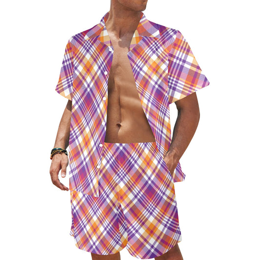 Madras Pattern Print Design 02 Men's Beach Shirt and Shorts Set