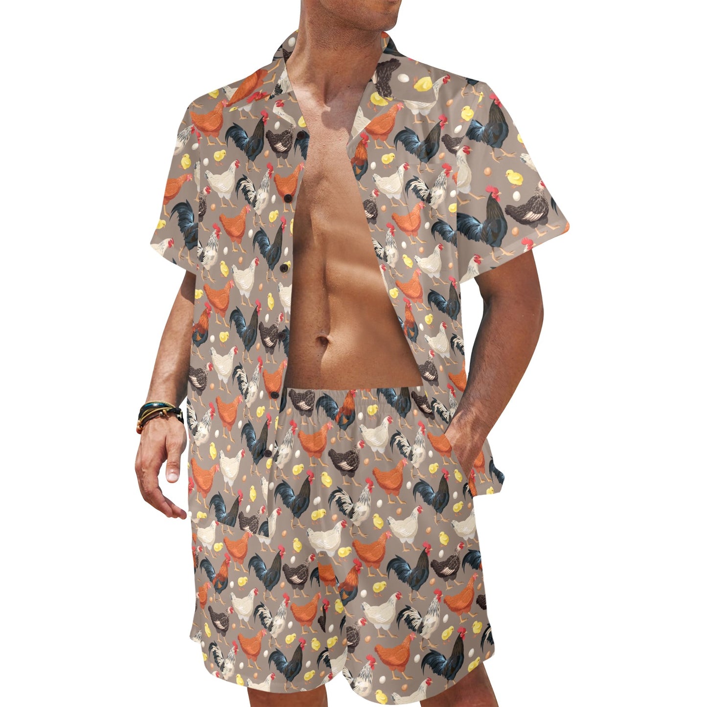 Chicken Evolution Pattern Men's Beach Shirt and Shorts Set