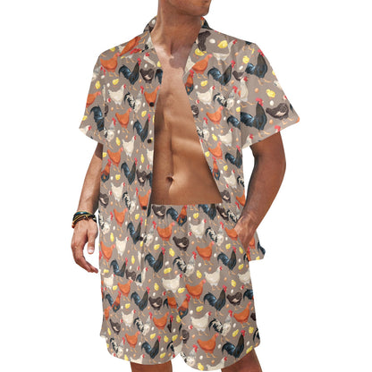 Chicken Evolution Pattern Men's Beach Shirt and Shorts Set