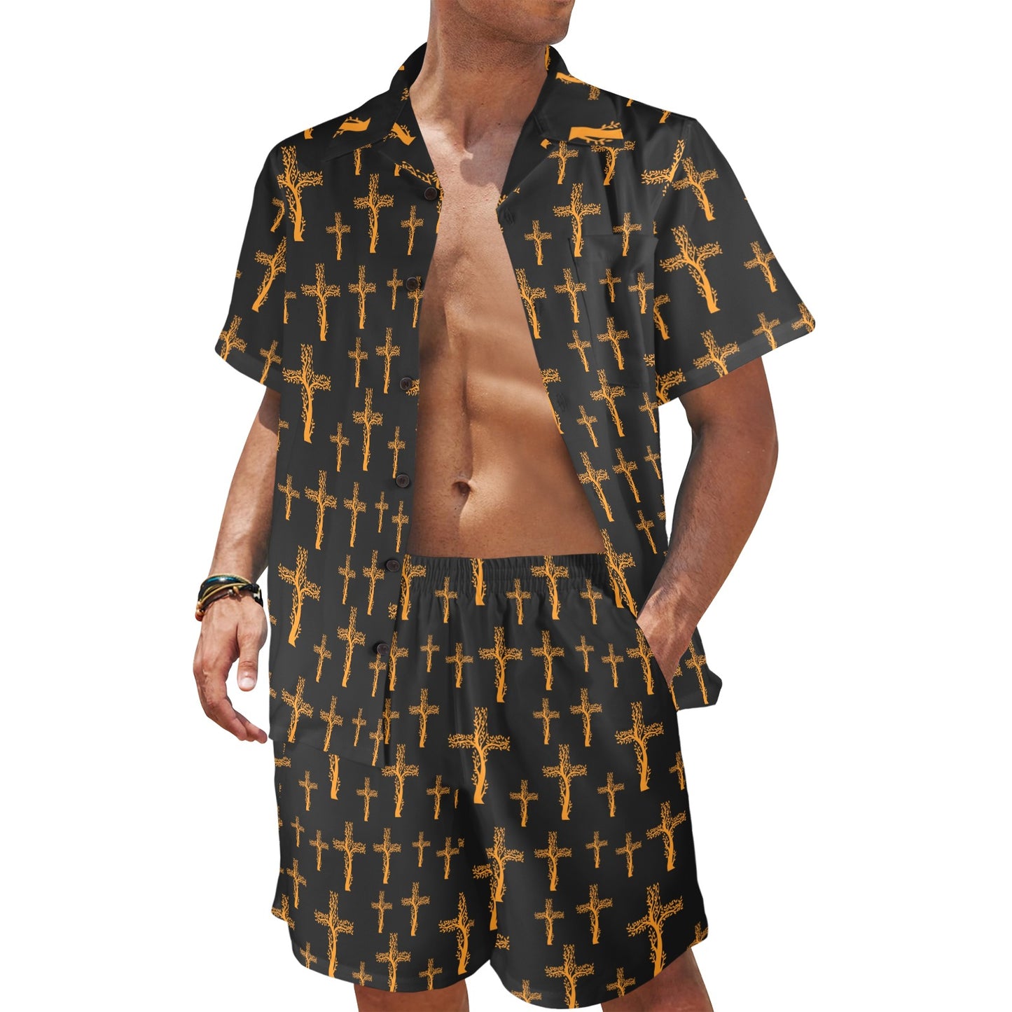 Christian Tree of Life Cross Design Men's Beach Shirt and Shorts Set