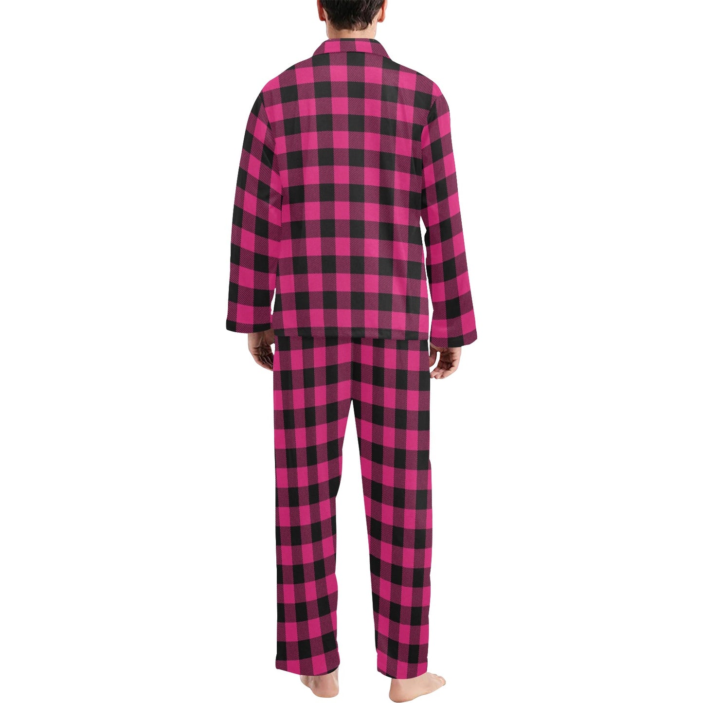 Pink Tartan Plaid Pattern Men's Long Pajama Set