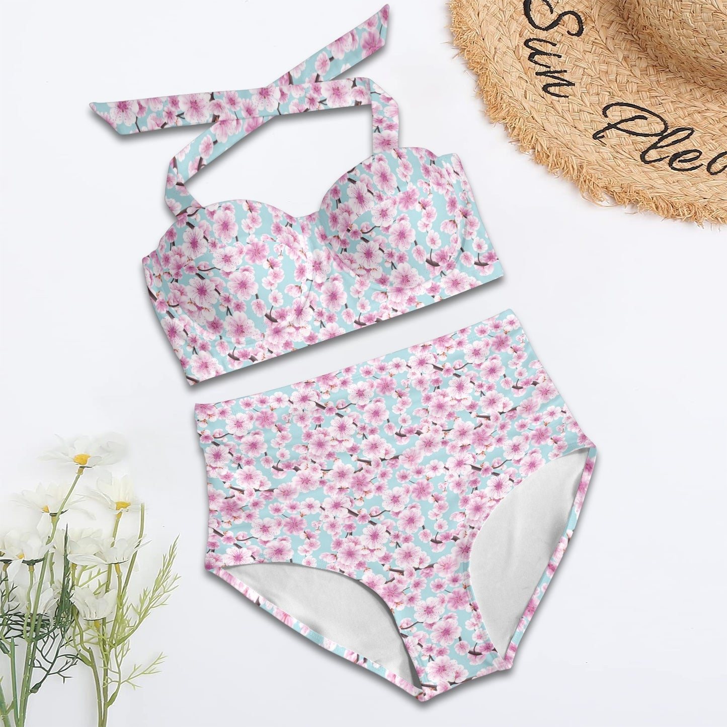 Cherry Blossom Pattern Print Design 01 Halter Neck Bikini Swimsuit