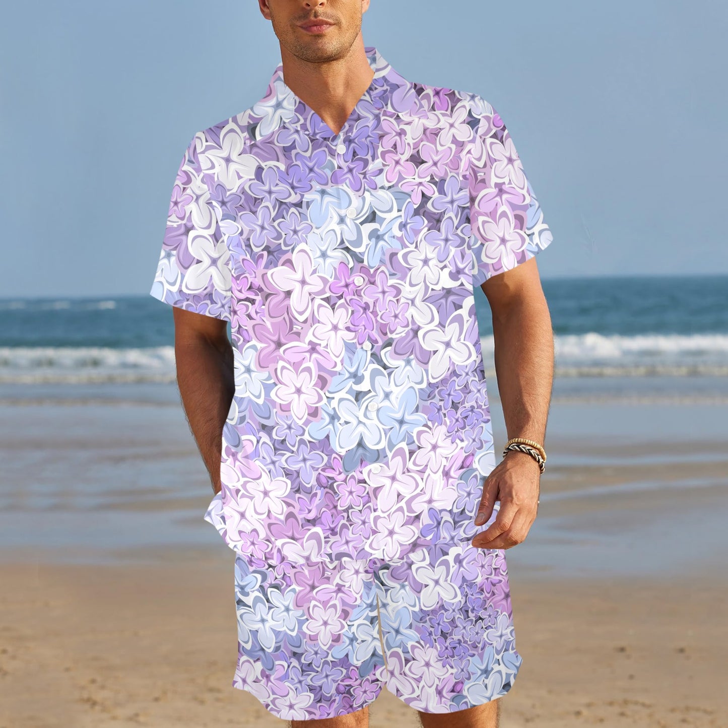 Lilac Pattern Print Design LI01 Men's Beach Shirt and Shorts Set