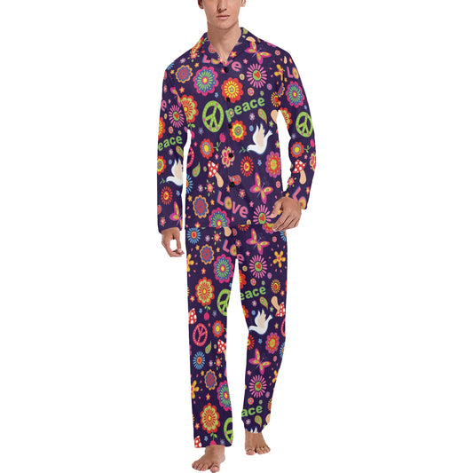 Flower Power Peace Design Print Men's Long Pajama Set