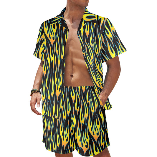Flame Fire Yellow Pattern Men's Beach Shirt and Shorts Set