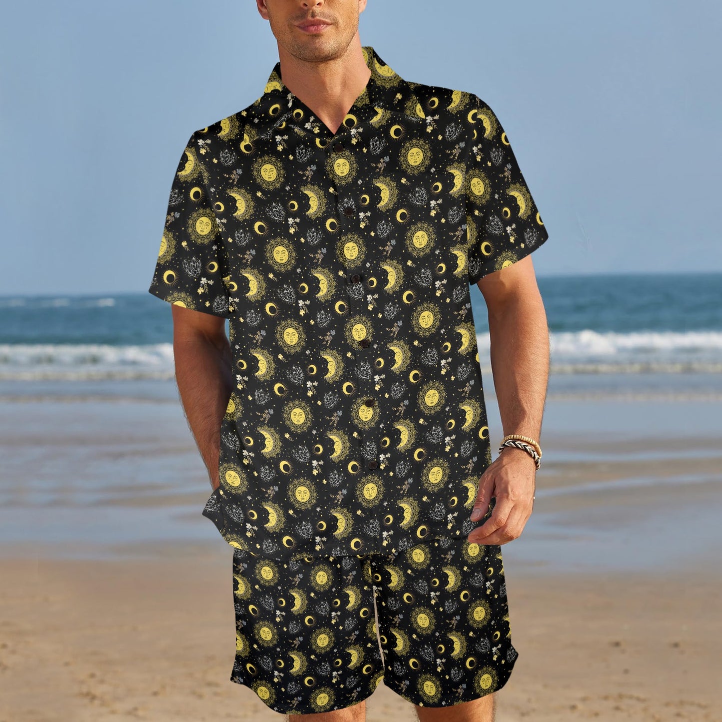 Sun Moon Golden Design Themed Print Men's Beach Shirt and Shorts Set