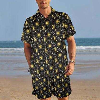 Sun Moon Golden Design Themed Print Men's Beach Shirt and Shorts Set