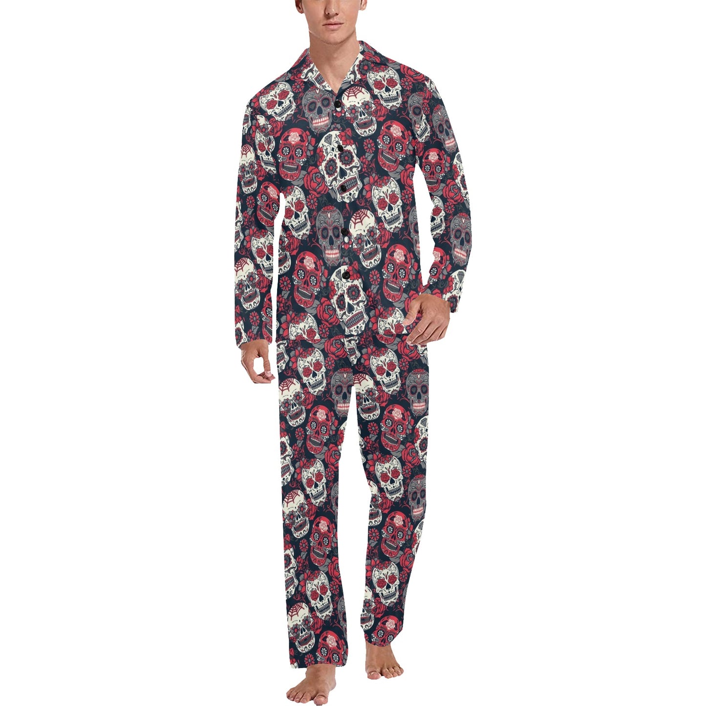 Sugar Skull Print Design LKS303 Men's Long Pajama Set