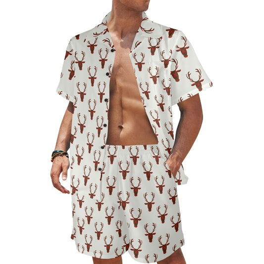 Deer tartan Design Print Pattern JJ073 Men's Beach Shirt and Shorts Set