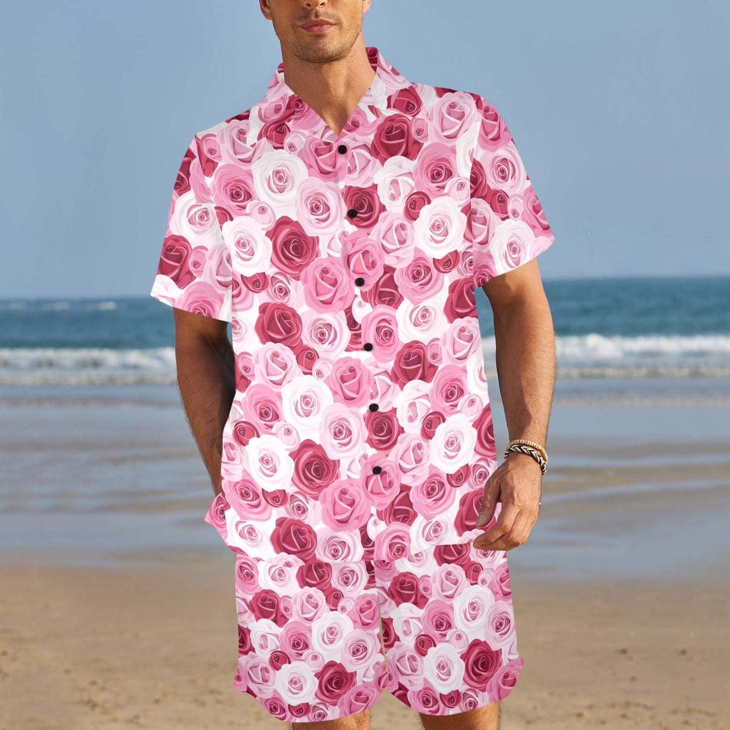 Pink Red Rose Pattern Print Men's Beach Shirt and Shorts Set