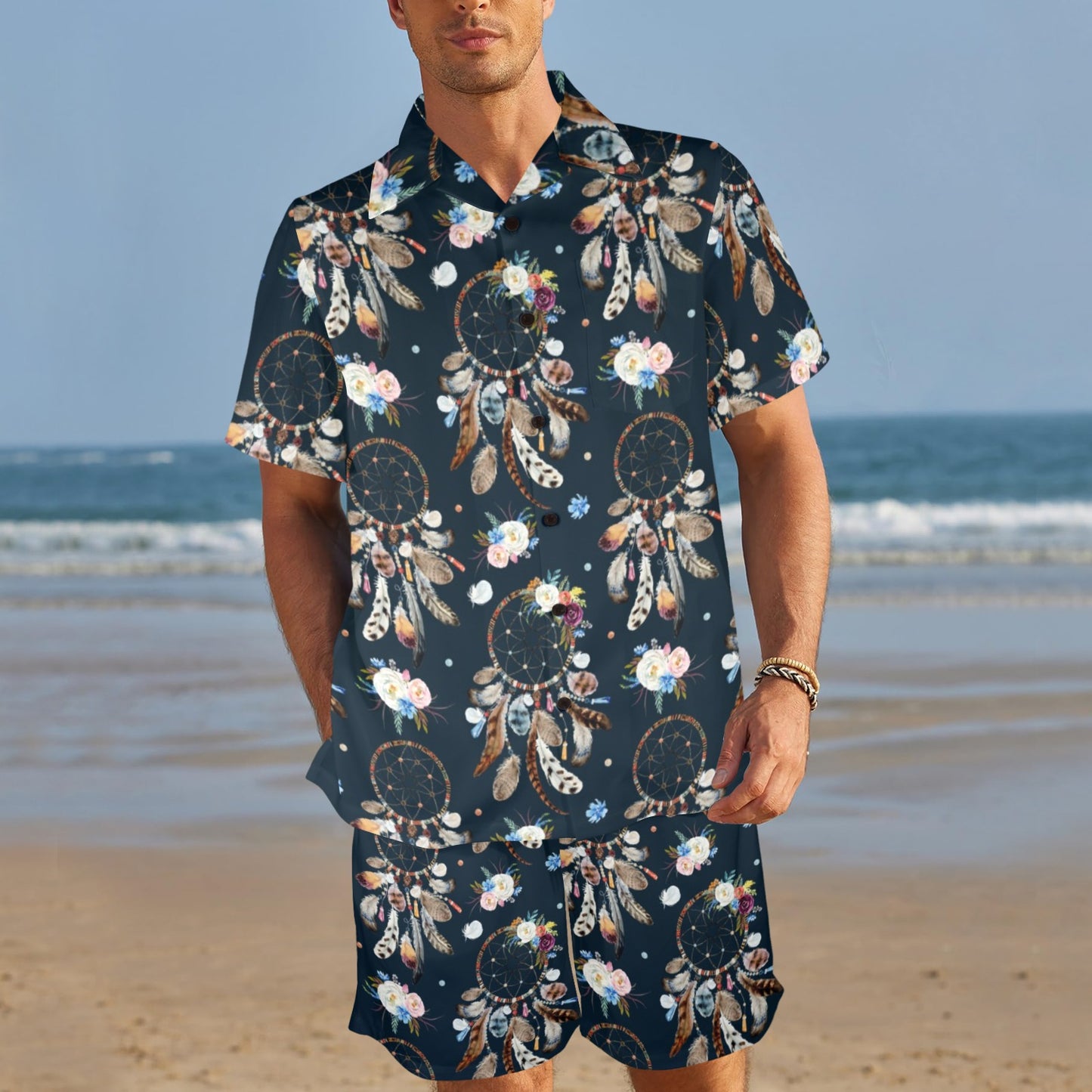 Dream Catcher Boho Floral Style Men's Beach Shirt and Shorts Set