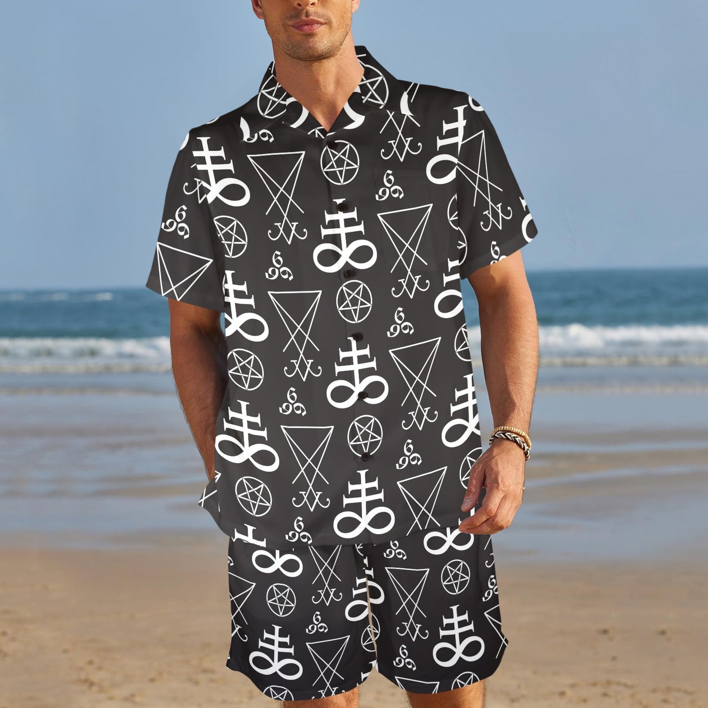 Pentagram Pattern Print Design A04 Men's Beach Shirt and Shorts Set