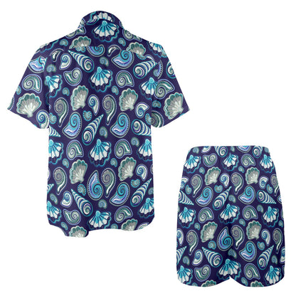 Beach Seashell Blue Print Men's Beach Shirt and Shorts Set