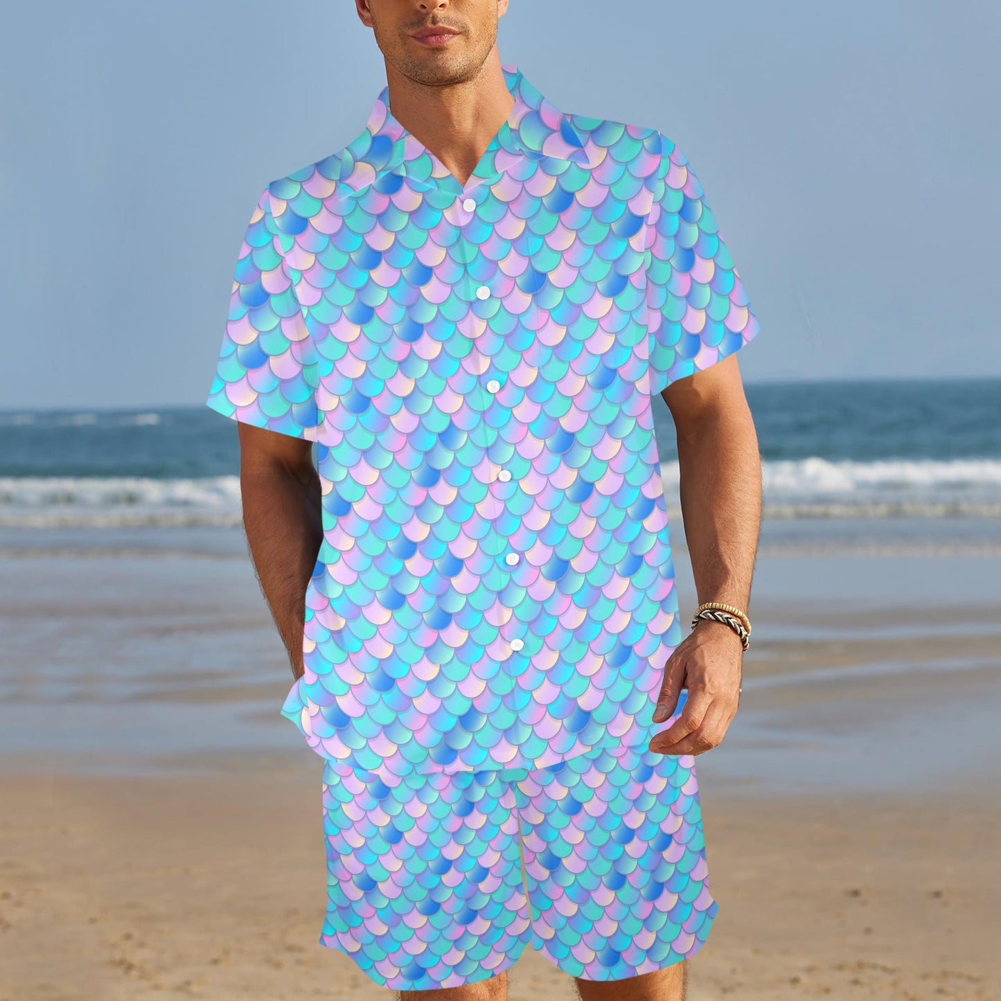 Mermaid Scales Pastel Pattern Print Design 07 Men's Beach Shirt and Shorts Set