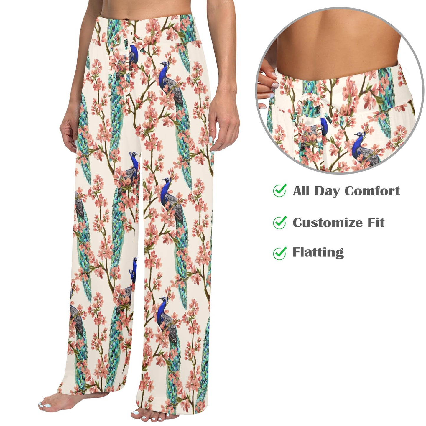 Cherry Blossom Peacock Women's Wide Leg Lounge Pants