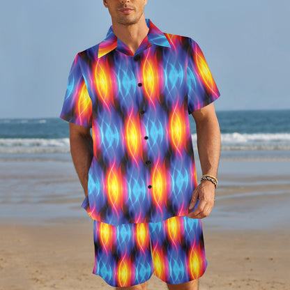 Flame Fire Blue Design Print Men's Beach Shirt and Shorts Set