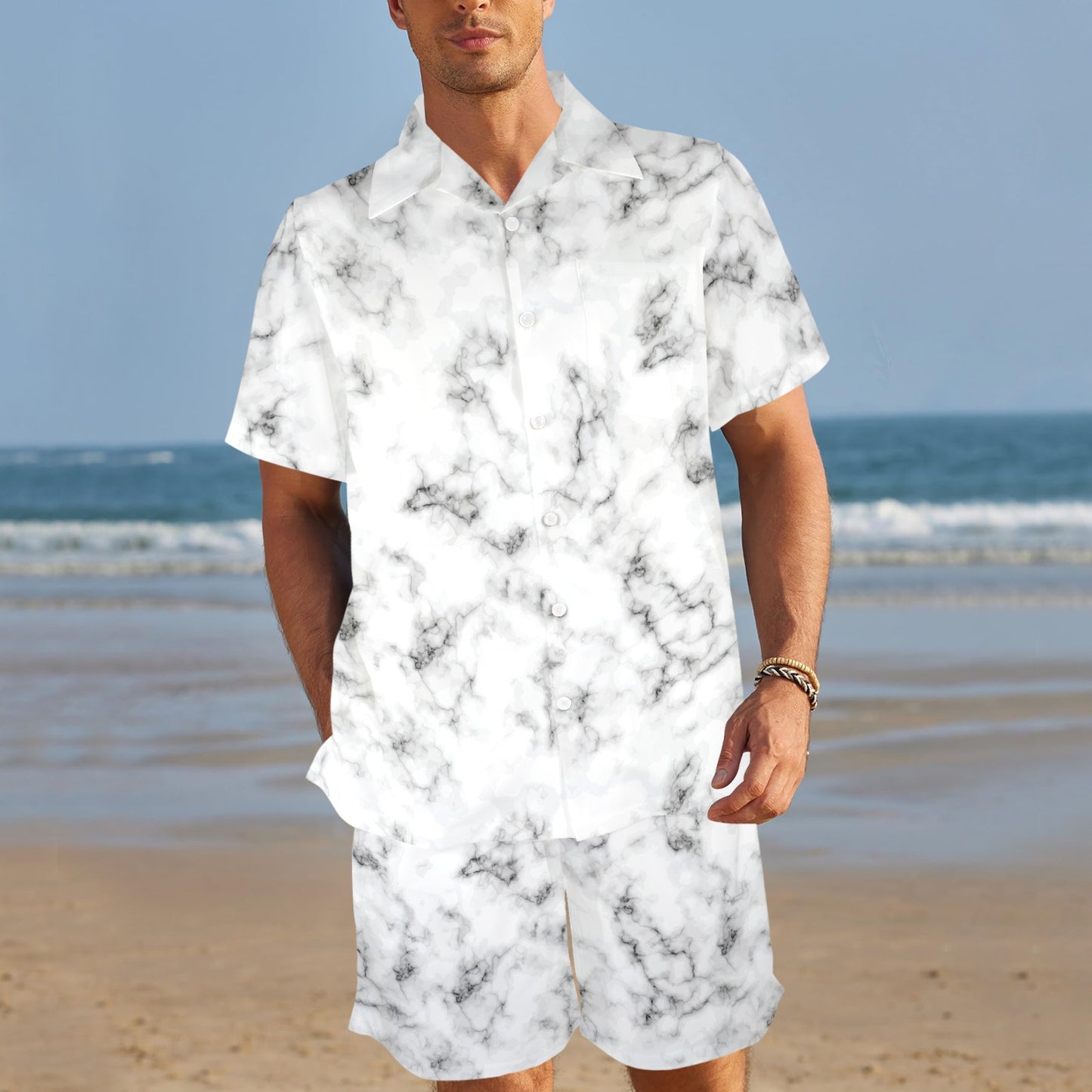 Marble Pattern Print Design 01 Men's Beach Shirt and Shorts Set