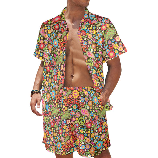 Flower Power Peace Paisley Themed Print Men's Beach Shirt and Shorts Set