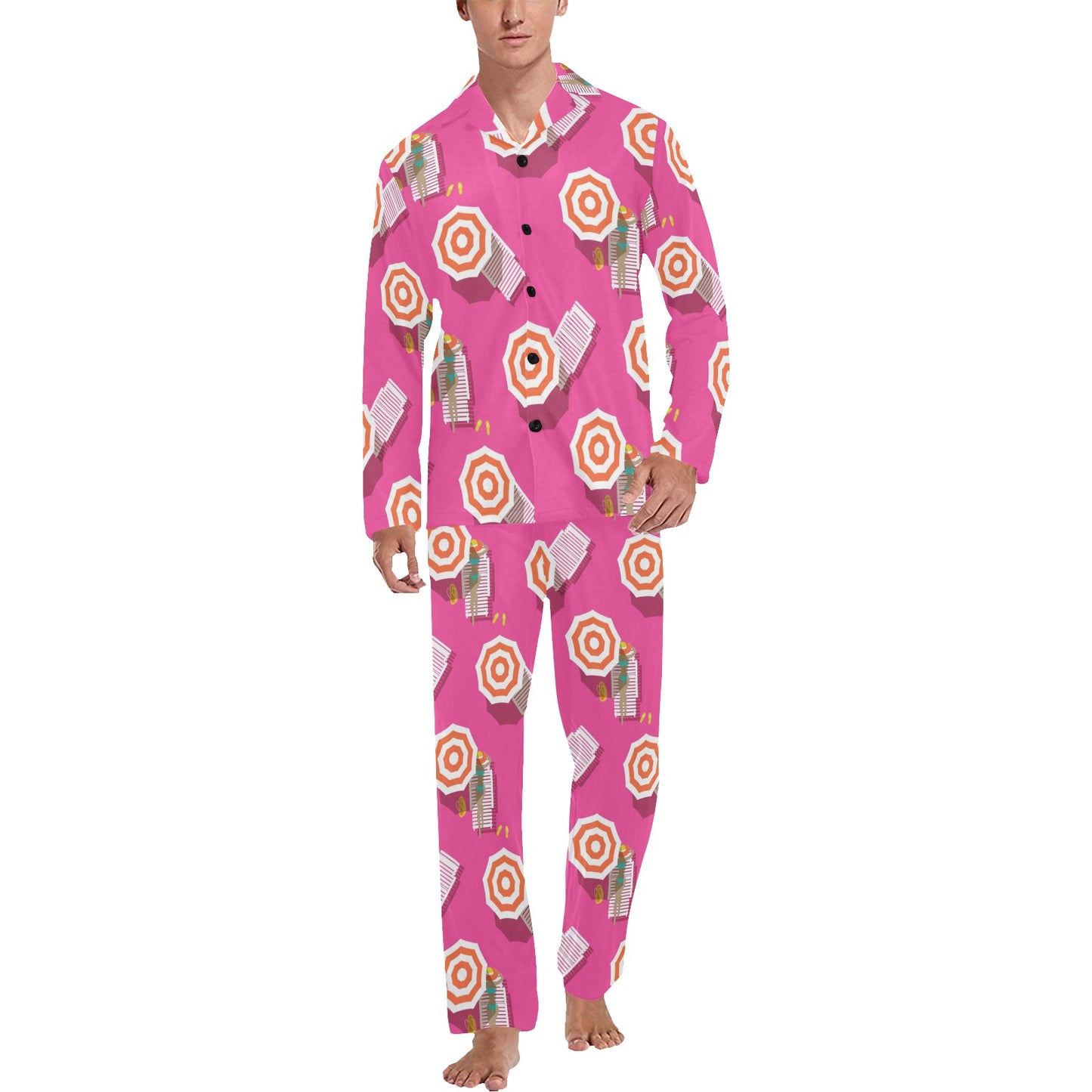Beach Top View Umbrella Theme Men's Long Pajama Set