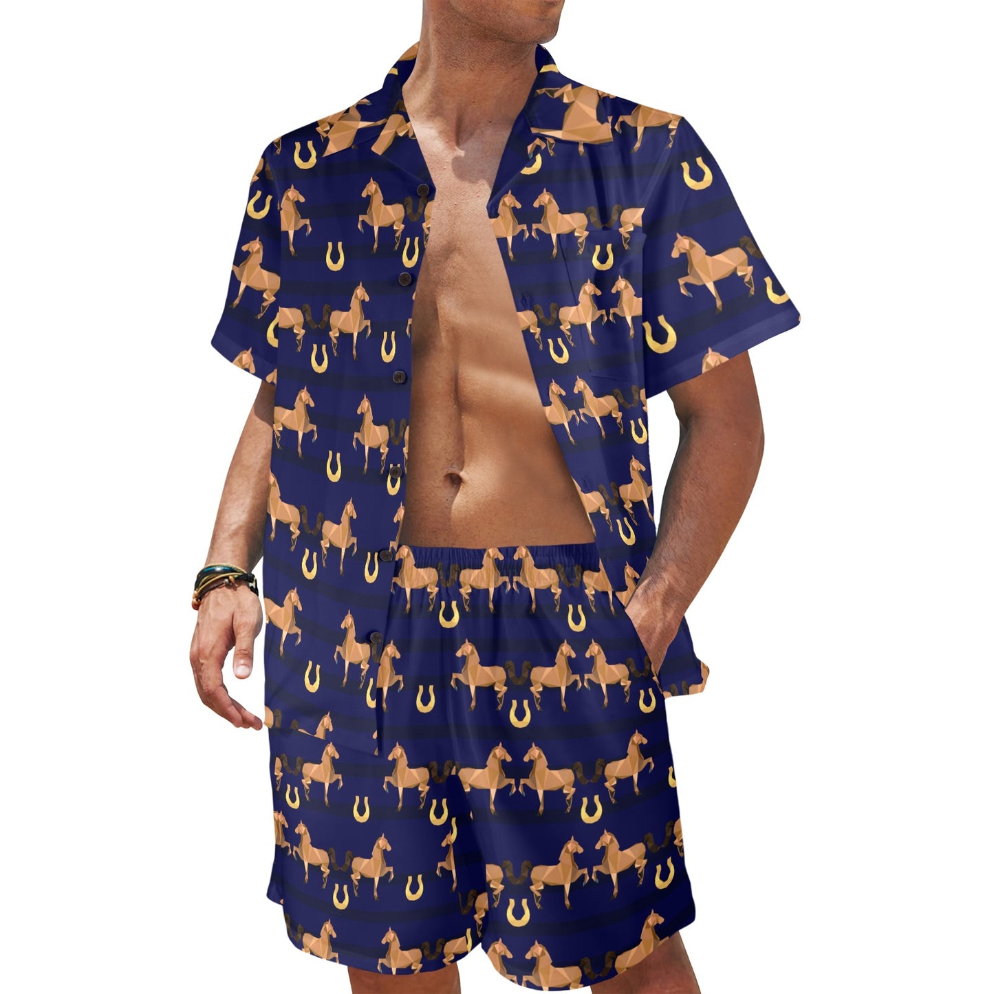 Horse Luxury Themed Pattern Print Men's Beach Shirt and Shorts Set