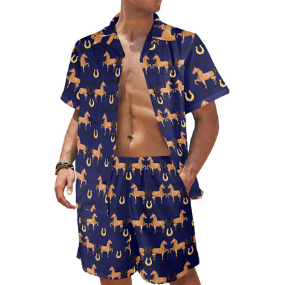 Horse Luxury Themed Pattern Print Men's Beach Shirt and Shorts Set