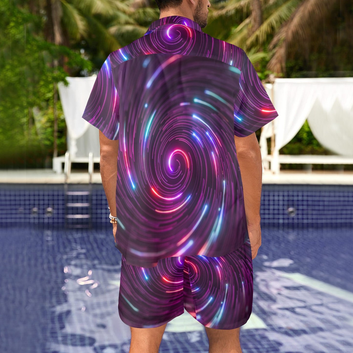 Vortex Twist Swirl Purple Neon Print Men's Beach Shirt and Shorts Set