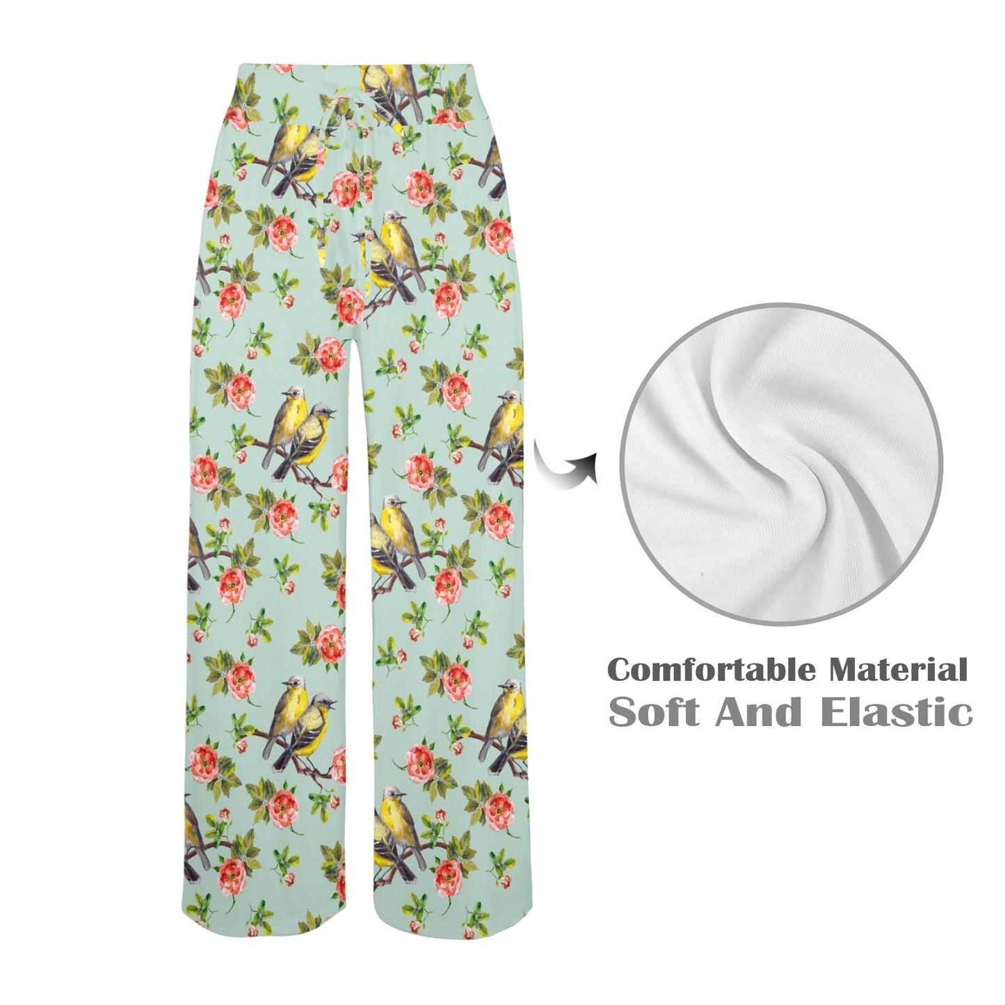 Bird with Red Flower Print Pattern Women's Wide Leg Lounge Pants