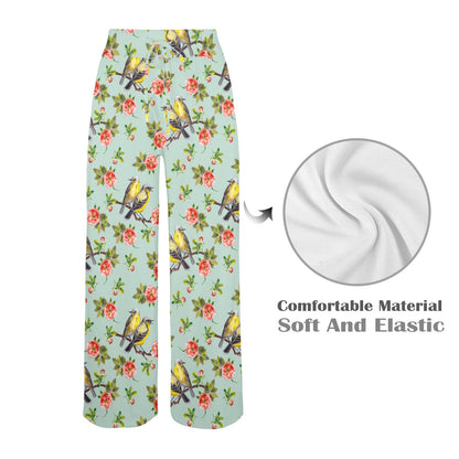 Bird with Red Flower Print Pattern Women's Wide Leg Lounge Pants