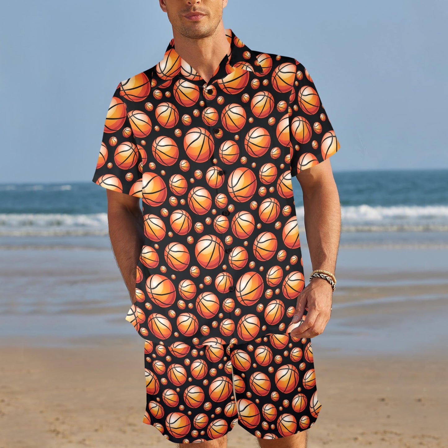 Basketball Black Background Pattern Men's Beach Shirt and Shorts Set