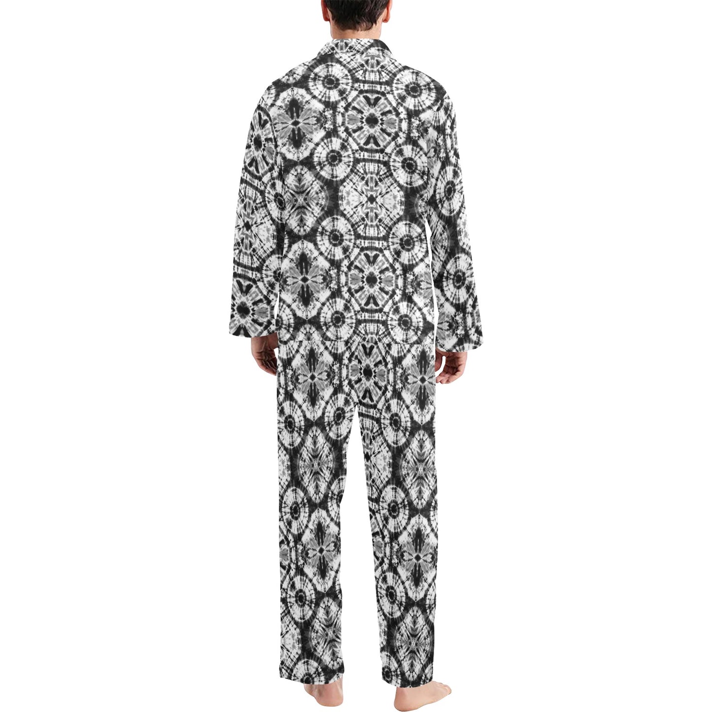 Tie Dye Black White Design Print Men's Long Pajama Set