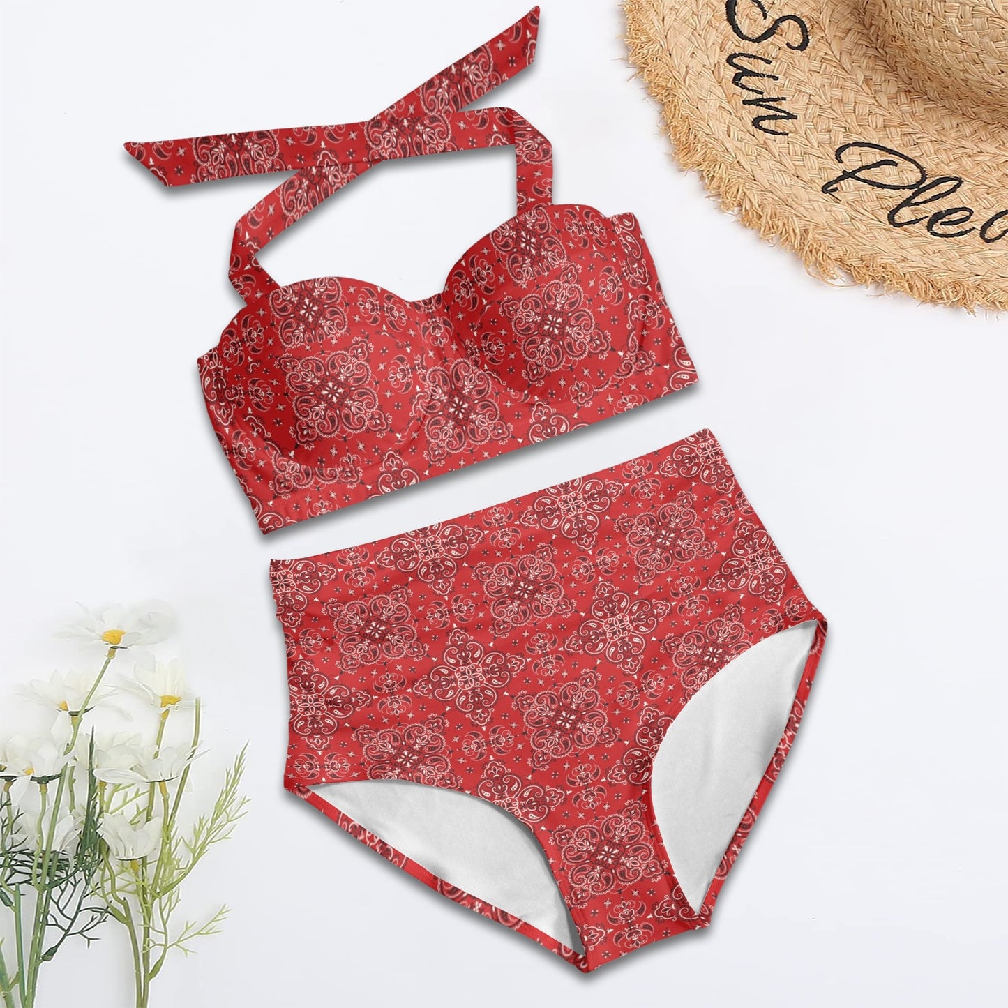 Bandana Red Pattern Print Design LKS3010 Halter Neck Bikini Swimsuit