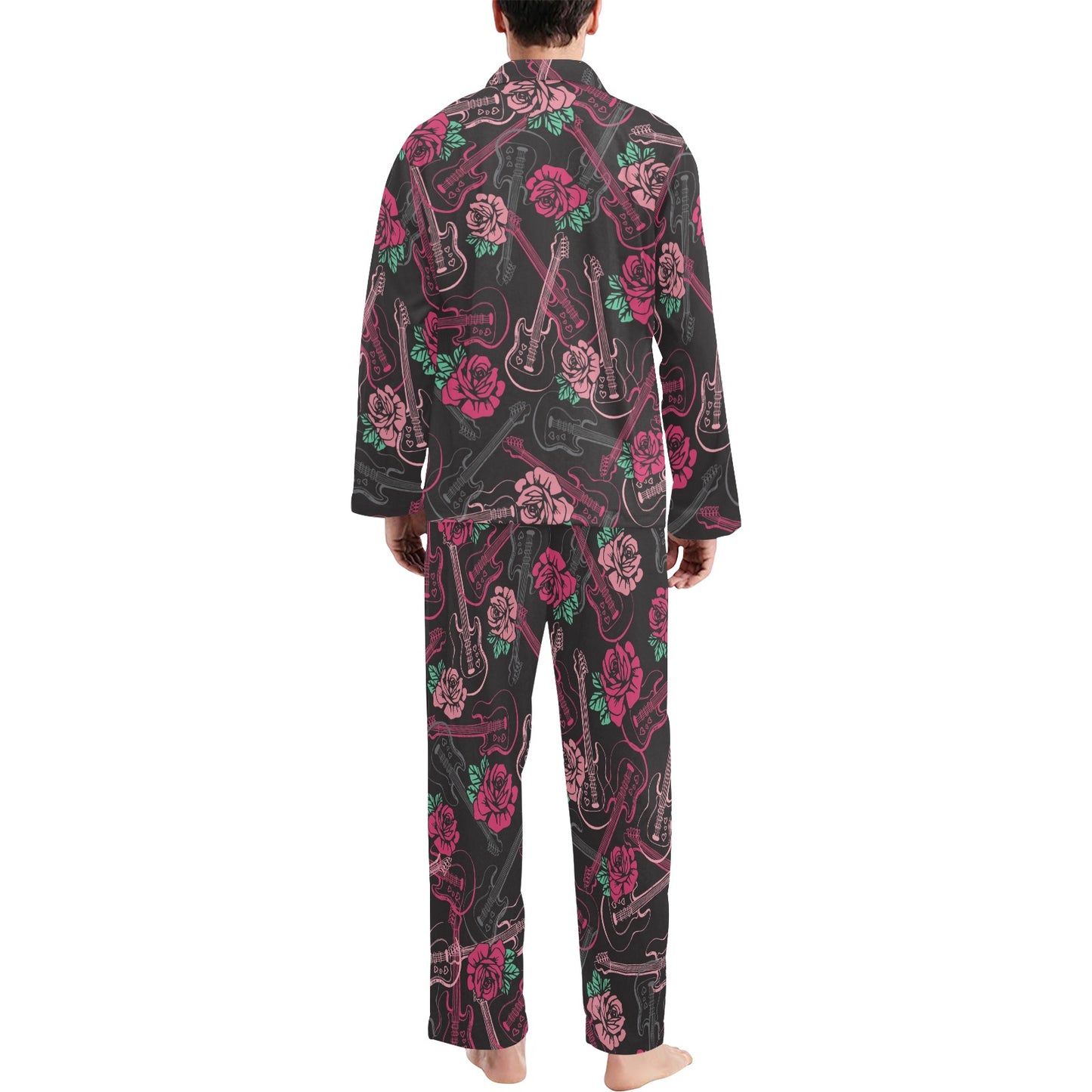 Bass Guitar Pink Rose Pattern Print Design 01 Men's Long Pajama Set