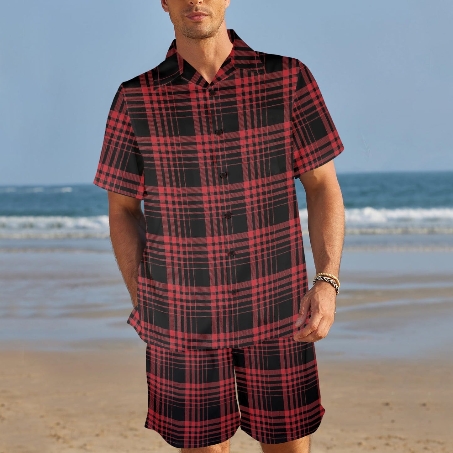 Tartan Red Black Print Design LKS303 Men's Beach Shirt and Shorts Set