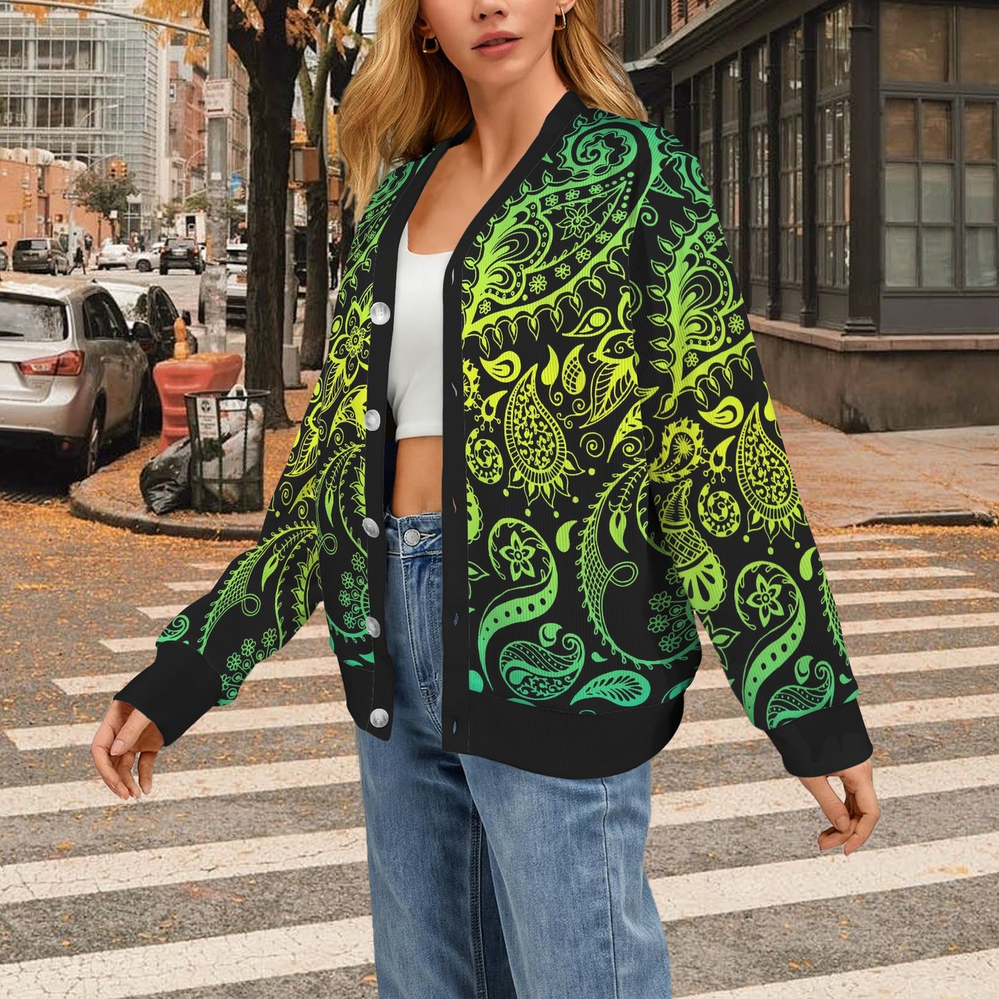 Paisley Green Design Print Women's Cardigan