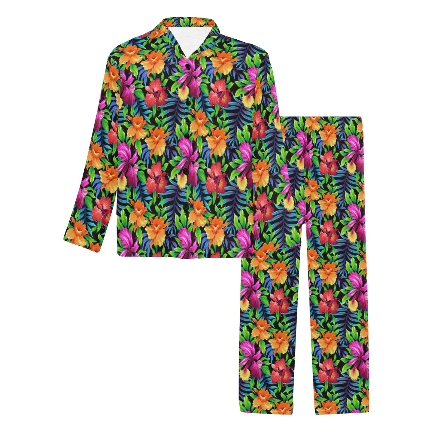 Tropical Folower Colorful Print Men's Long Pajama Set