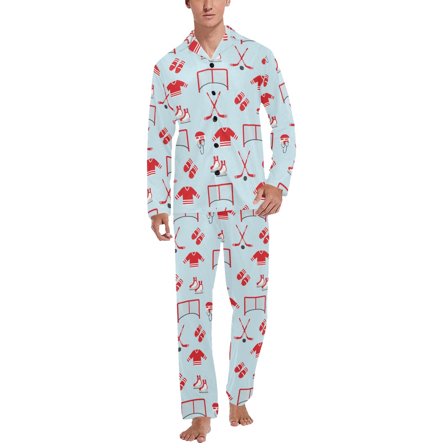 Hockey Red Equipment Print Design LKS305 Men's Long Pajama Set