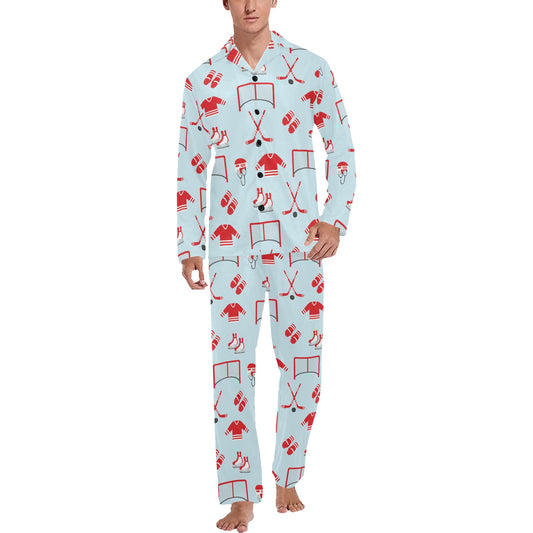 Hockey Red Equipment Print Design LKS305 Men's Long Pajama Set